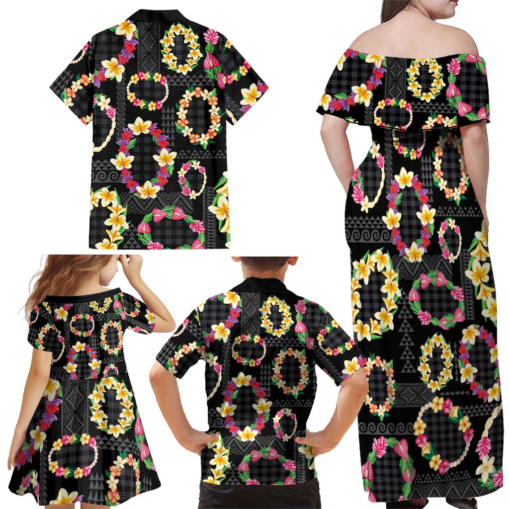 Hawaiian Kakau Tattoo Leis and Palaka Pattern Family Matching Off Shoulder Maxi Dress and Hawaiian Shirt Traditional Aloha Tribal Black Color LT03 - Polynesian Pride