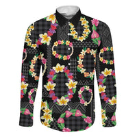 Hawaiian Kakau Tattoo Leis and Palaka Pattern Family Matching Off Shoulder Maxi Dress and Hawaiian Shirt Traditional Aloha Tribal Black Color LT03 Dad's Shirt - Long Sleeve Black - Polynesian Pride