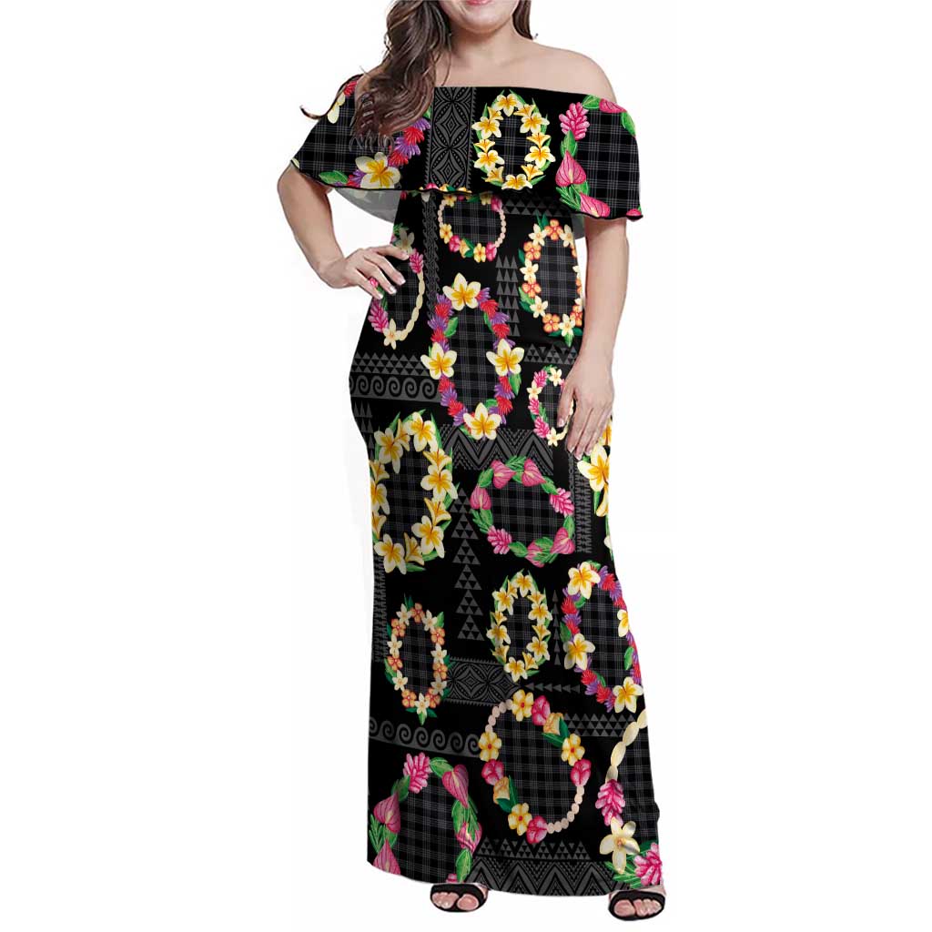 Hawaiian Kakau Tattoo Leis and Palaka Pattern Family Matching Off Shoulder Maxi Dress and Hawaiian Shirt Traditional Aloha Tribal Black Color LT03 Mom's Dress Black - Polynesian Pride