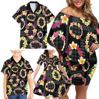 Hawaiian Kakau Tattoo Leis and Palaka Pattern Family Matching Off Shoulder Short Dress and Hawaiian Shirt Traditional Aloha Tribal Black Color LT03 - Polynesian Pride