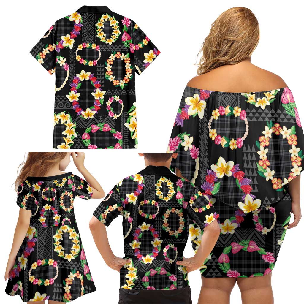 Hawaiian Kakau Tattoo Leis and Palaka Pattern Family Matching Off Shoulder Short Dress and Hawaiian Shirt Traditional Aloha Tribal Black Color LT03 - Polynesian Pride