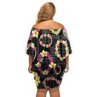 Hawaiian Kakau Tattoo Leis and Palaka Pattern Family Matching Off Shoulder Short Dress and Hawaiian Shirt Traditional Aloha Tribal Black Color LT03 - Polynesian Pride