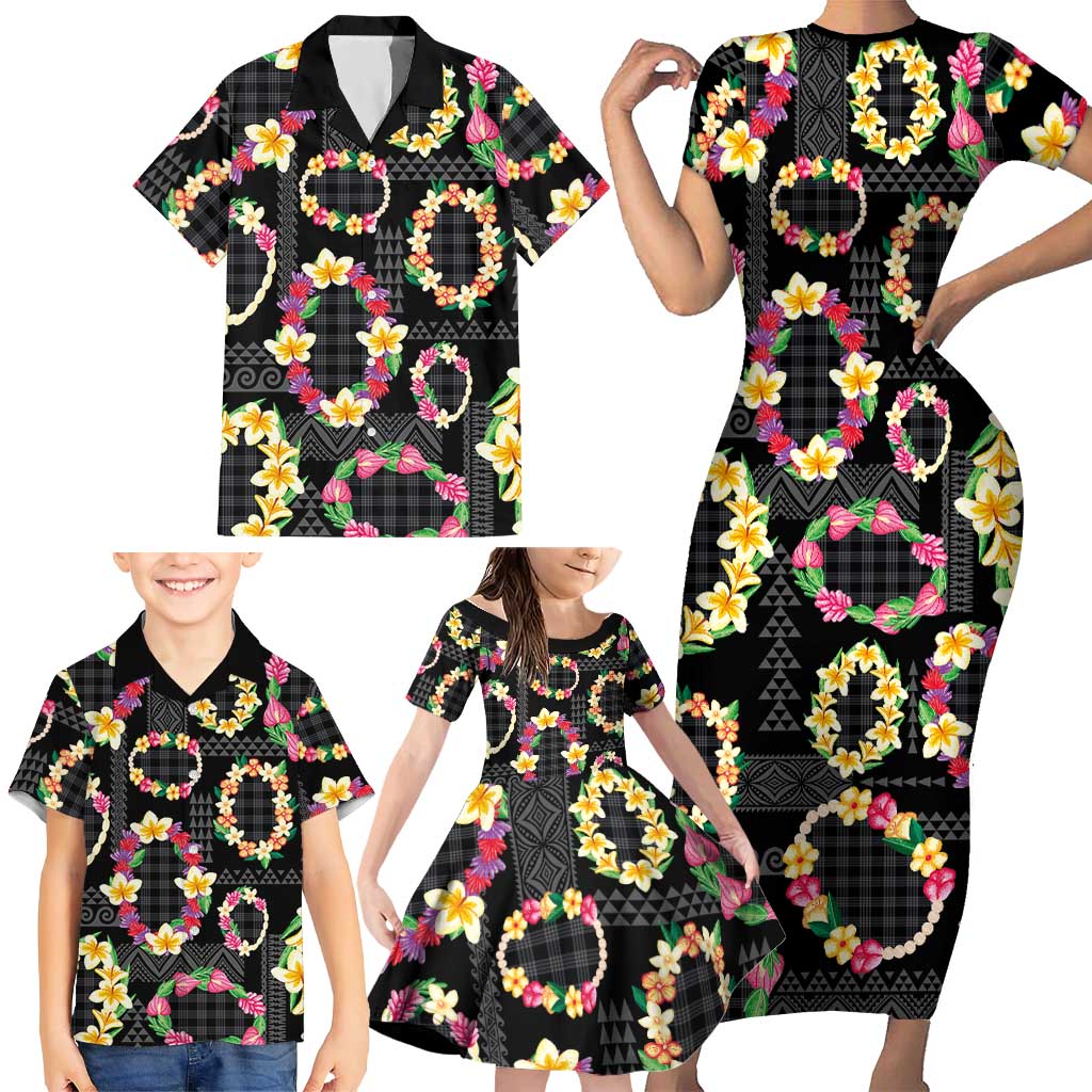 Hawaiian Kakau Tattoo Leis and Palaka Pattern Family Matching Short Sleeve Bodycon Dress and Hawaiian Shirt Traditional Aloha Tribal Black Color LT03 - Polynesian Pride