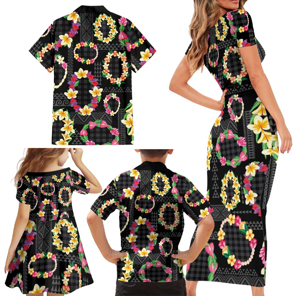 Hawaiian Kakau Tattoo Leis and Palaka Pattern Family Matching Short Sleeve Bodycon Dress and Hawaiian Shirt Traditional Aloha Tribal Black Color LT03 - Polynesian Pride