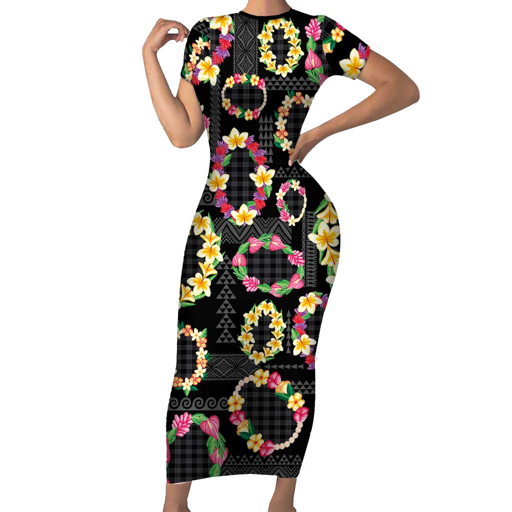 Hawaiian Kakau Tattoo Leis and Palaka Pattern Family Matching Short Sleeve Bodycon Dress and Hawaiian Shirt Traditional Aloha Tribal Black Color LT03 Mom's Dress Black - Polynesian Pride