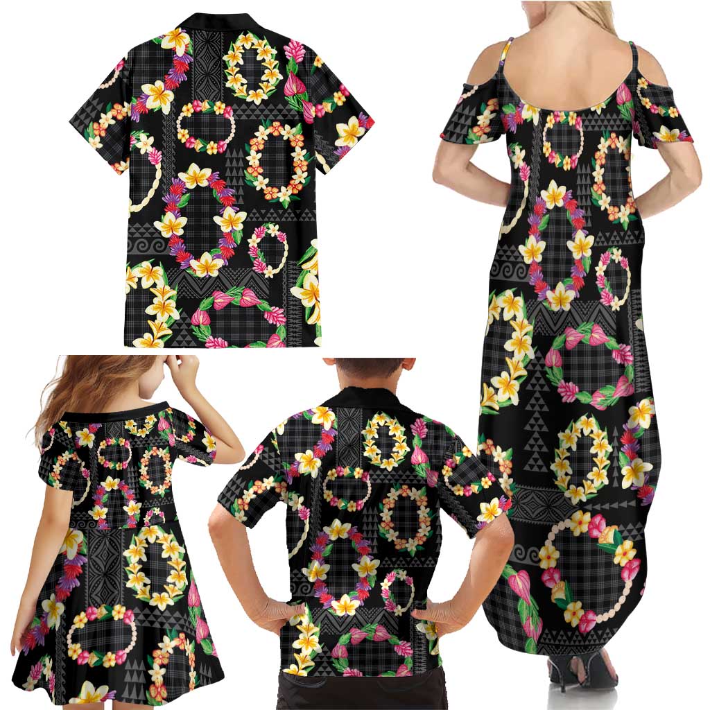 Hawaiian Kakau Tattoo Leis and Palaka Pattern Family Matching Summer Maxi Dress and Hawaiian Shirt Traditional Aloha Tribal Black Color LT03 - Polynesian Pride