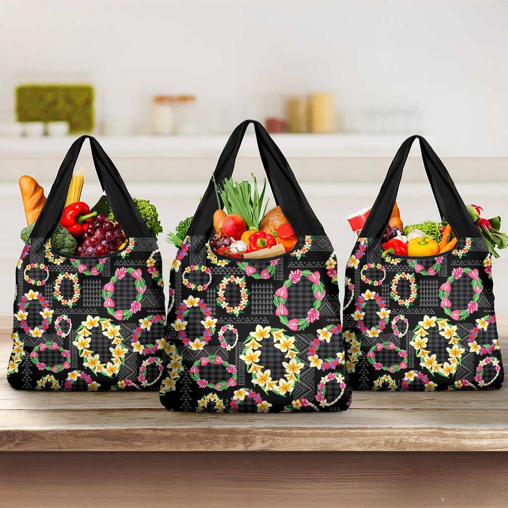 Hawaiian Kakau Tattoo Leis and Palaka Pattern Grocery Bag Traditional Aloha Tribal Black Color