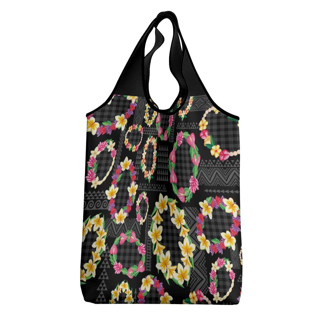 Hawaiian Kakau Tattoo Leis and Palaka Pattern Grocery Bag Traditional Aloha Tribal Black Color