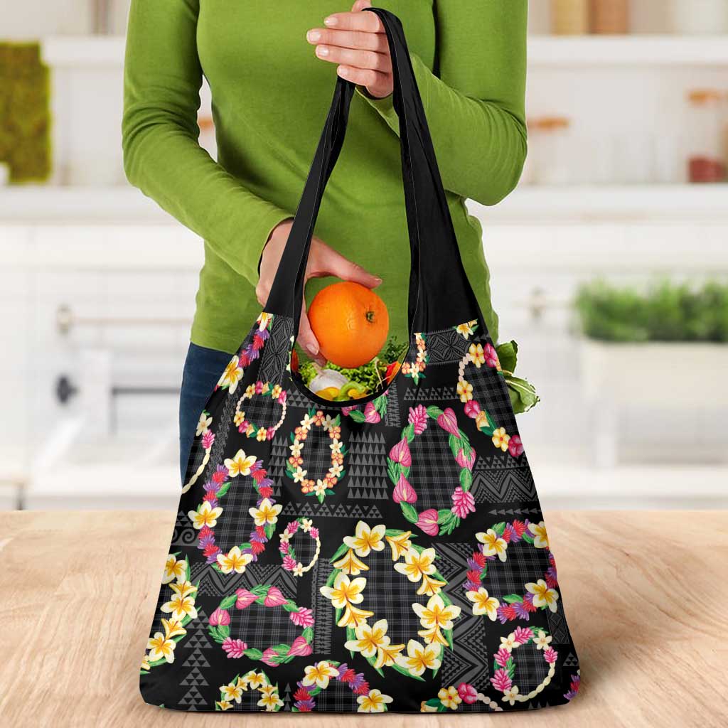 Hawaiian Kakau Tattoo Leis and Palaka Pattern Grocery Bag Traditional Aloha Tribal Black Color