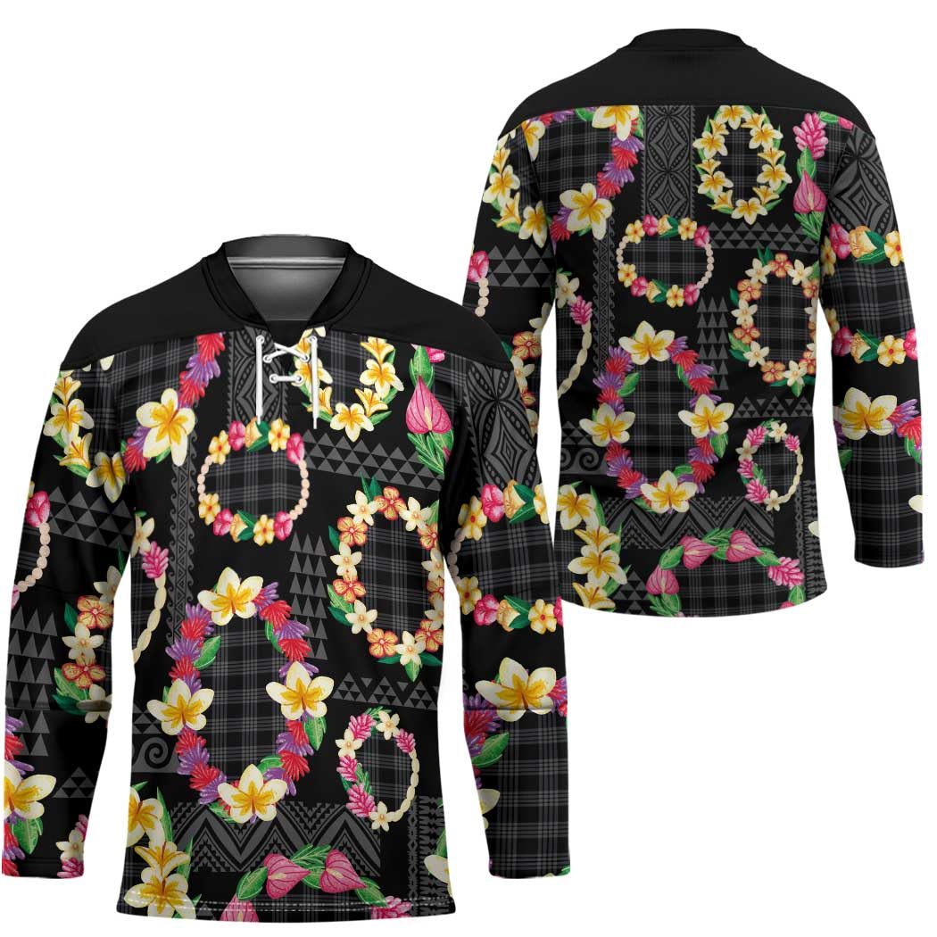 Hawaiian Kakau Tattoo Leis and Palaka Pattern Hockey Jersey Traditional Aloha Tribal Black Color
