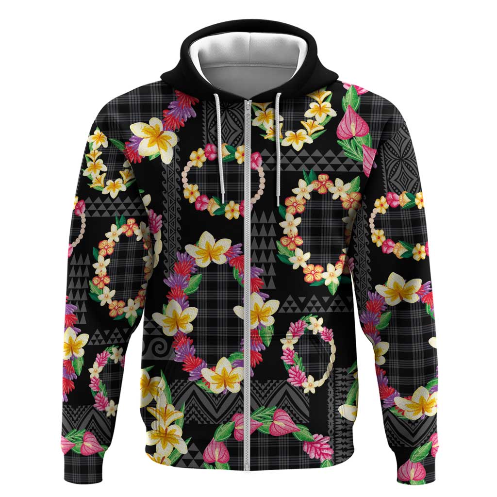 Hawaiian Kakau Tattoo Leis and Palaka Pattern Hoodie Traditional Aloha Tribal Black Color