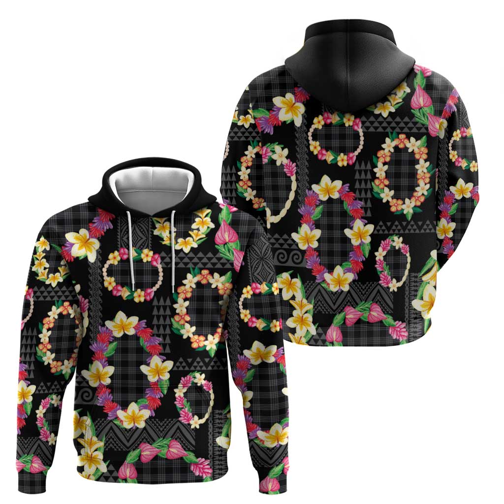 Hawaiian Kakau Tattoo Leis and Palaka Pattern Hoodie Traditional Aloha Tribal Black Color