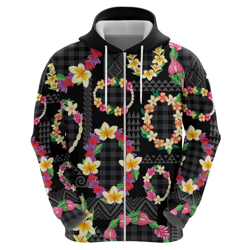 Hawaiian Kakau Tattoo Leis and Palaka Pattern Hoodie Traditional Aloha Tribal Black Color