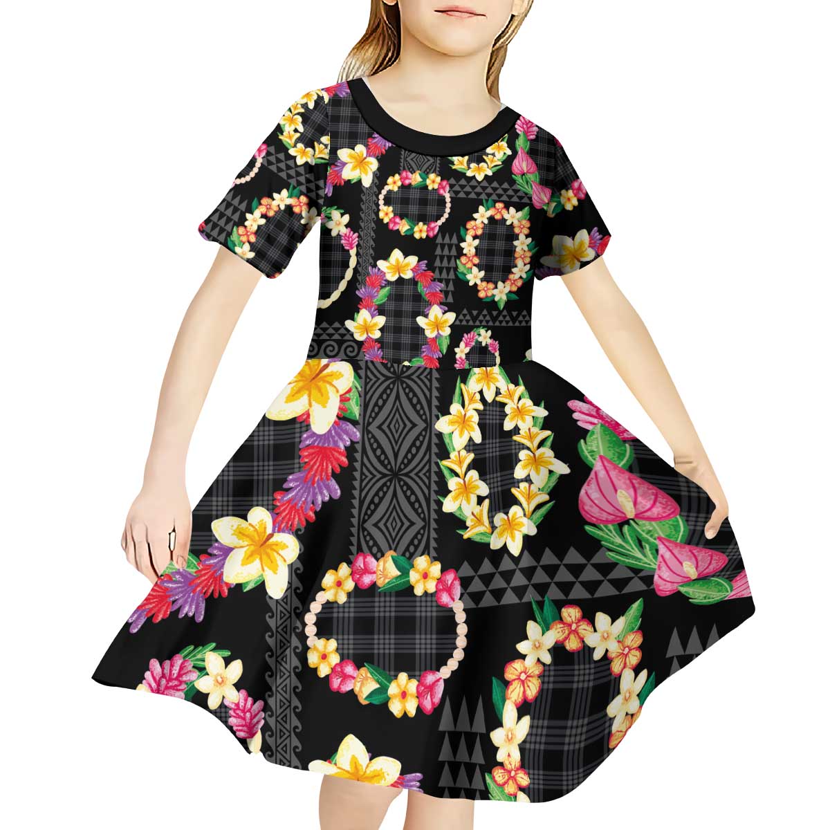 Hawaiian Kakau Tattoo Leis and Palaka Pattern Kid Short Sleeve Dress Traditional Aloha Tribal Black Color
