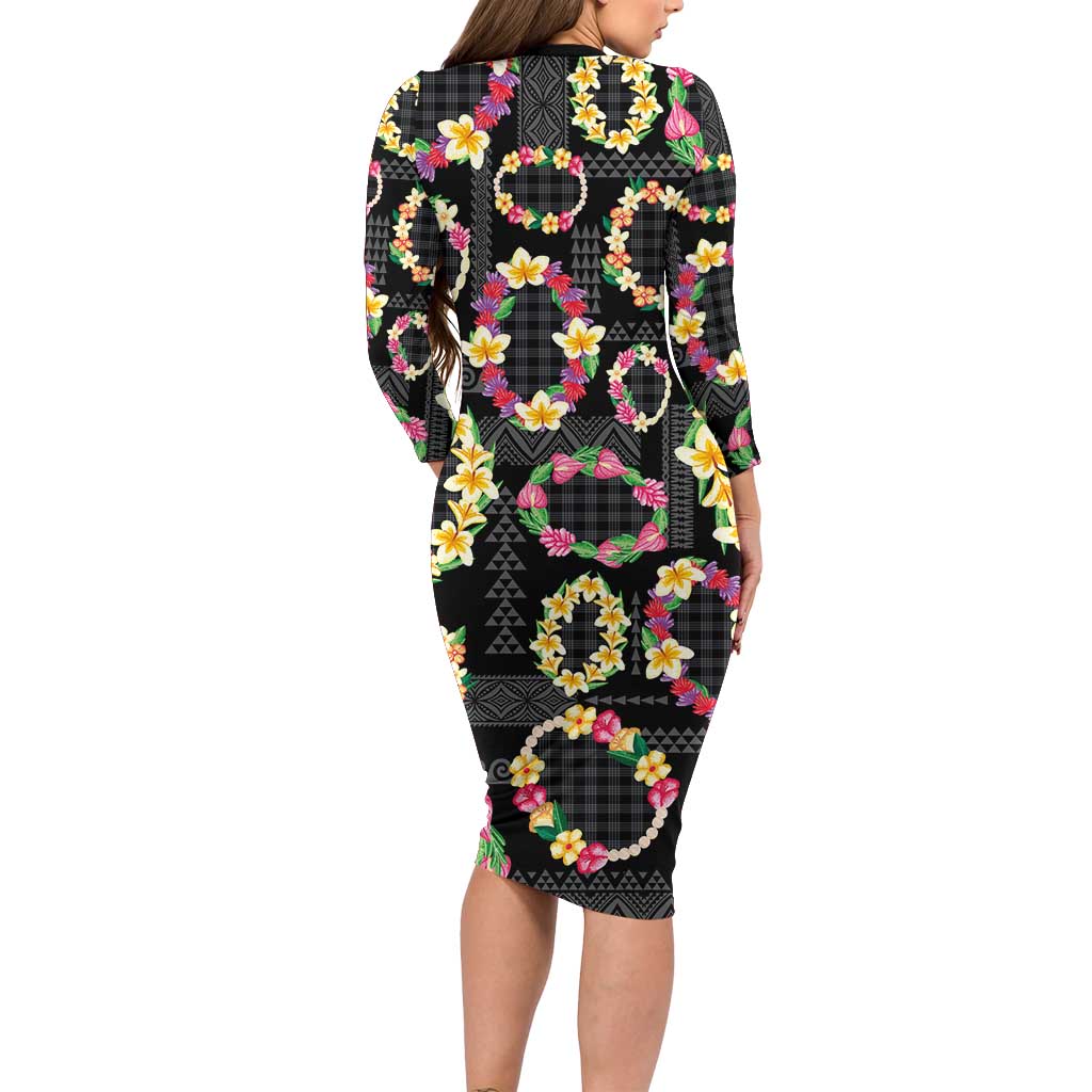 Hawaiian Kakau Tattoo Leis and Palaka Pattern Long Sleeve Bodycon Dress Traditional Aloha Tribal Black Color