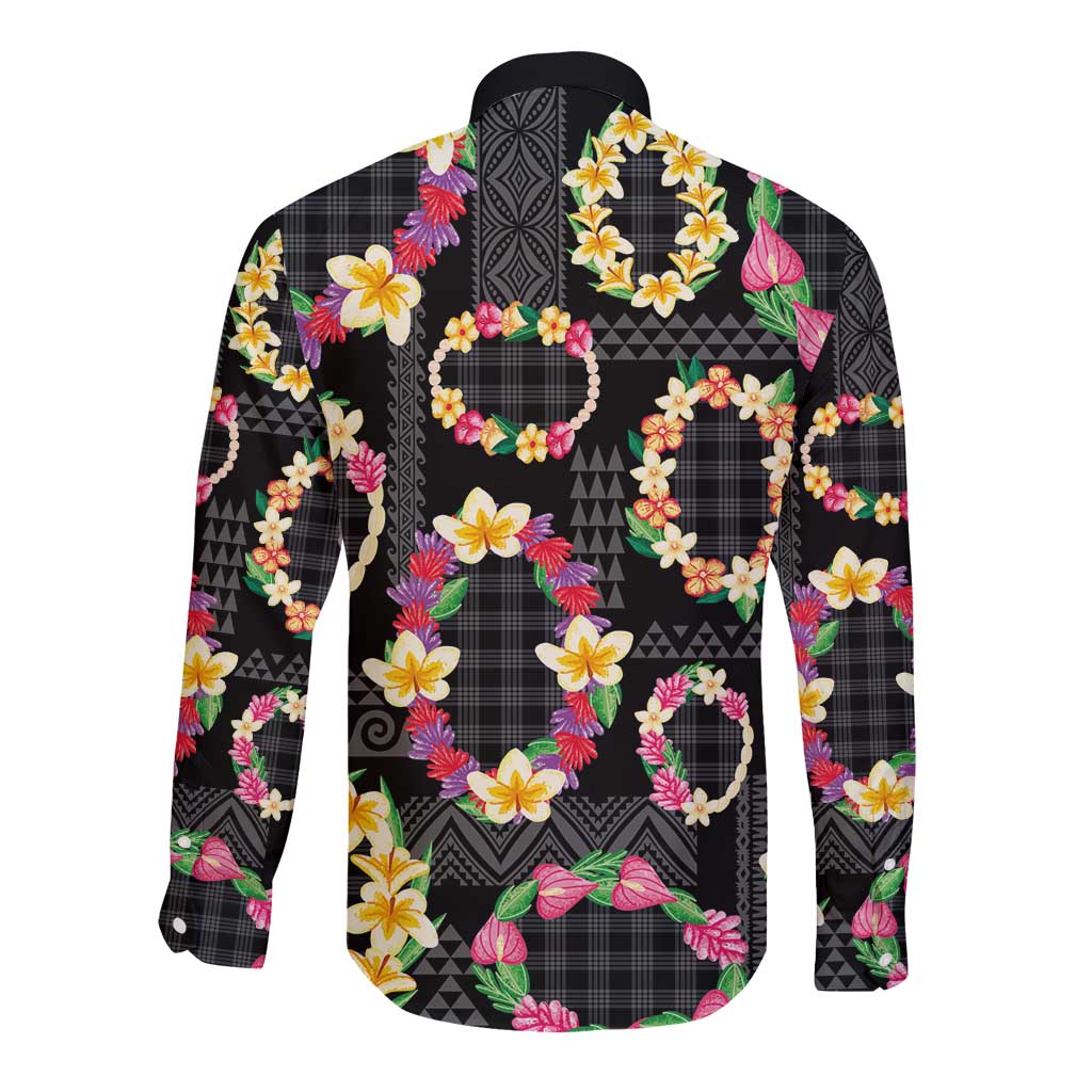 Hawaiian Kakau Tattoo Leis and Palaka Pattern Long Sleeve Button Shirt Traditional Aloha Tribal Black Color