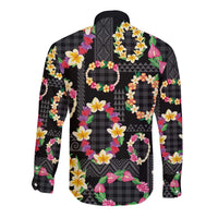 Hawaiian Kakau Tattoo Leis and Palaka Pattern Long Sleeve Button Shirt Traditional Aloha Tribal Black Color