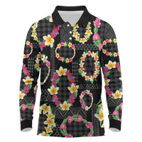 Hawaiian Kakau Tattoo Leis and Palaka Pattern Long Sleeve Polo Shirt Traditional Aloha Tribal Black Color