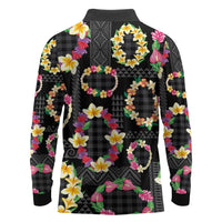 Hawaiian Kakau Tattoo Leis and Palaka Pattern Long Sleeve Polo Shirt Traditional Aloha Tribal Black Color