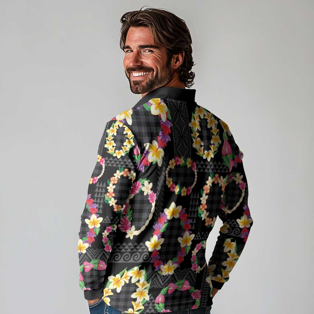 Hawaiian Kakau Tattoo Leis and Palaka Pattern Long Sleeve Polo Shirt Traditional Aloha Tribal Black Color