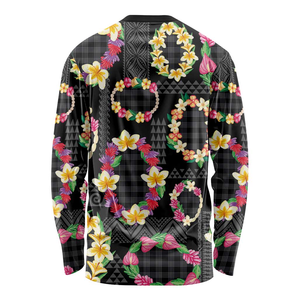 Hawaiian Kakau Tattoo Leis and Palaka Pattern Long Sleeve Shirt Traditional Aloha Tribal Black Color