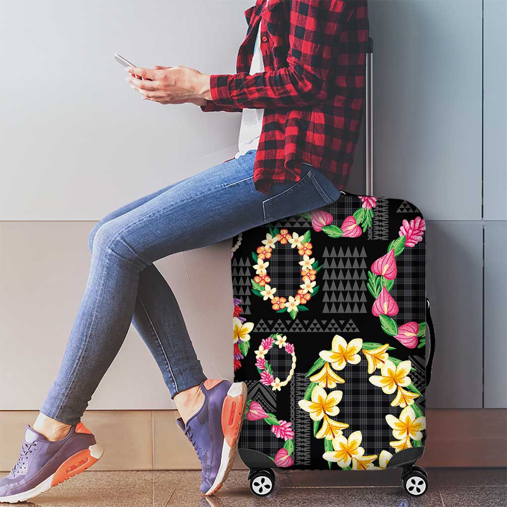 Hawaiian Kakau Tattoo Leis and Palaka Pattern Luggage Cover Traditional Aloha Tribal Black Color