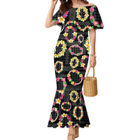 Hawaiian Kakau Tattoo Leis and Palaka Pattern Mermaid Dress Traditional Aloha Tribal Black Color