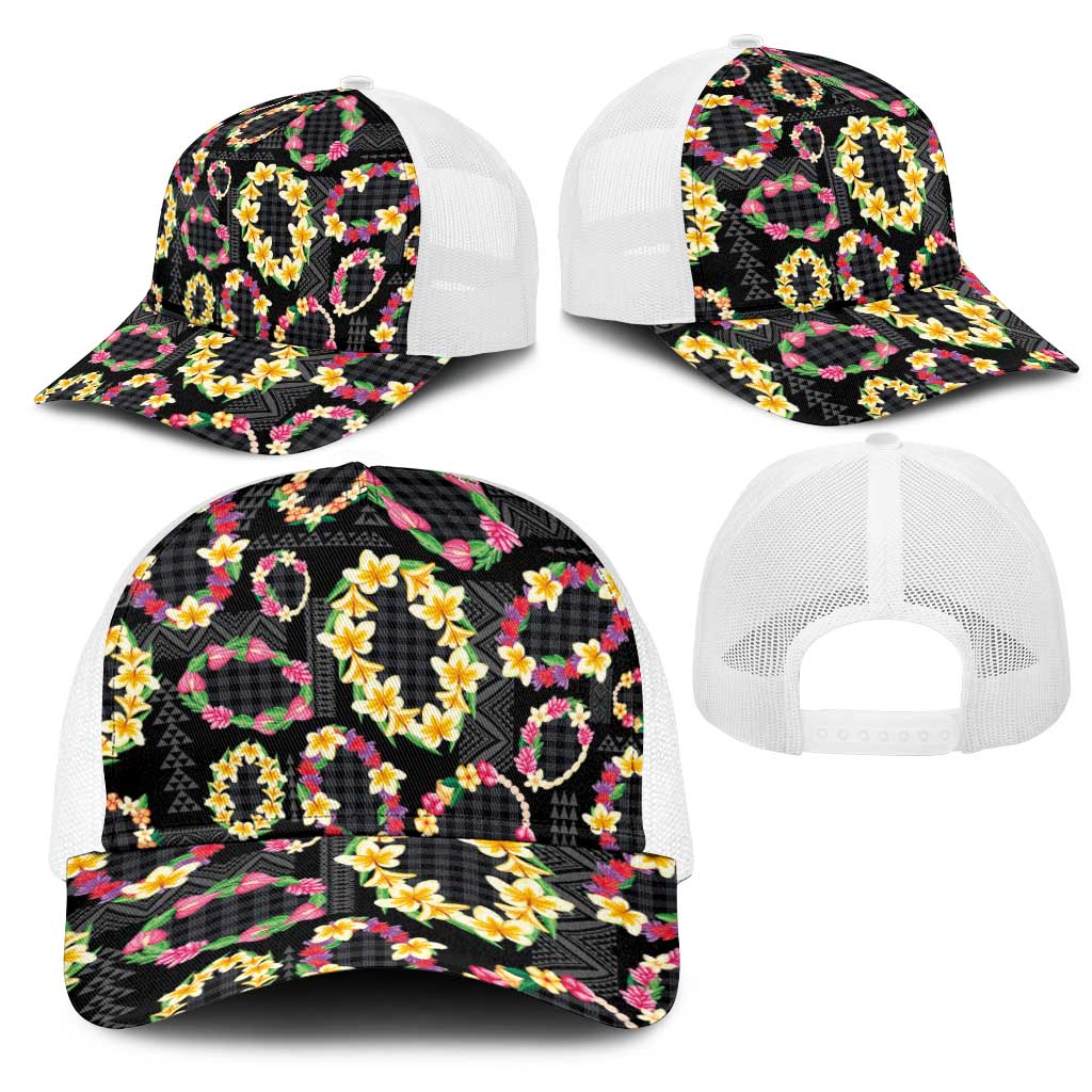 Hawaiian Kakau Tattoo Leis and Palaka Pattern Mesh Trucker Cap Traditional Aloha Tribal Black Color