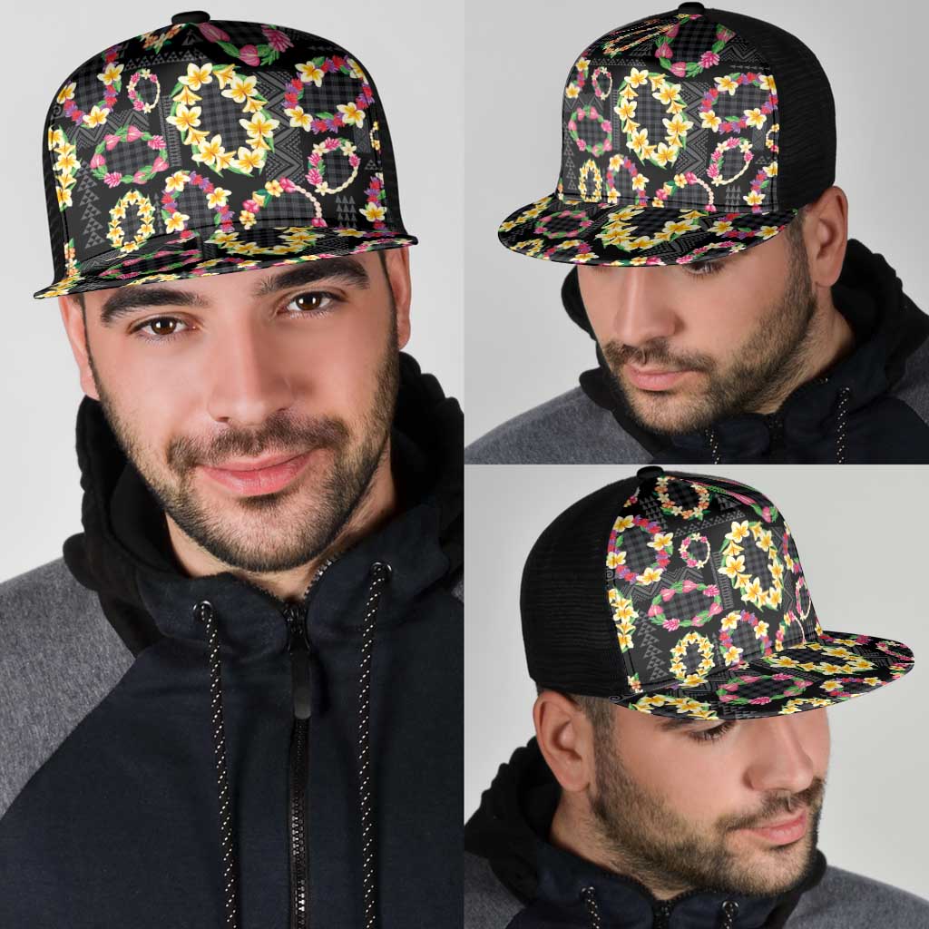 Hawaiian Kakau Tattoo Leis and Palaka Pattern Mesh Trucker Cap Traditional Aloha Tribal Black Color