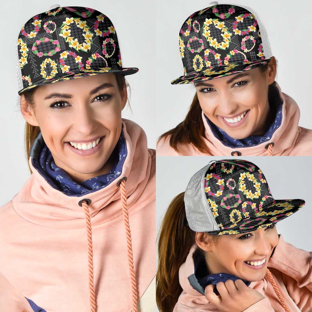 Hawaiian Kakau Tattoo Leis and Palaka Pattern Mesh Trucker Cap Traditional Aloha Tribal Black Color