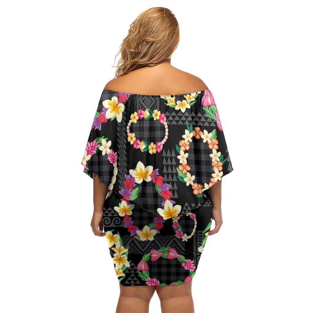 Hawaiian Kakau Tattoo Leis and Palaka Pattern Off Shoulder Short Dress Traditional Aloha Tribal Black Color