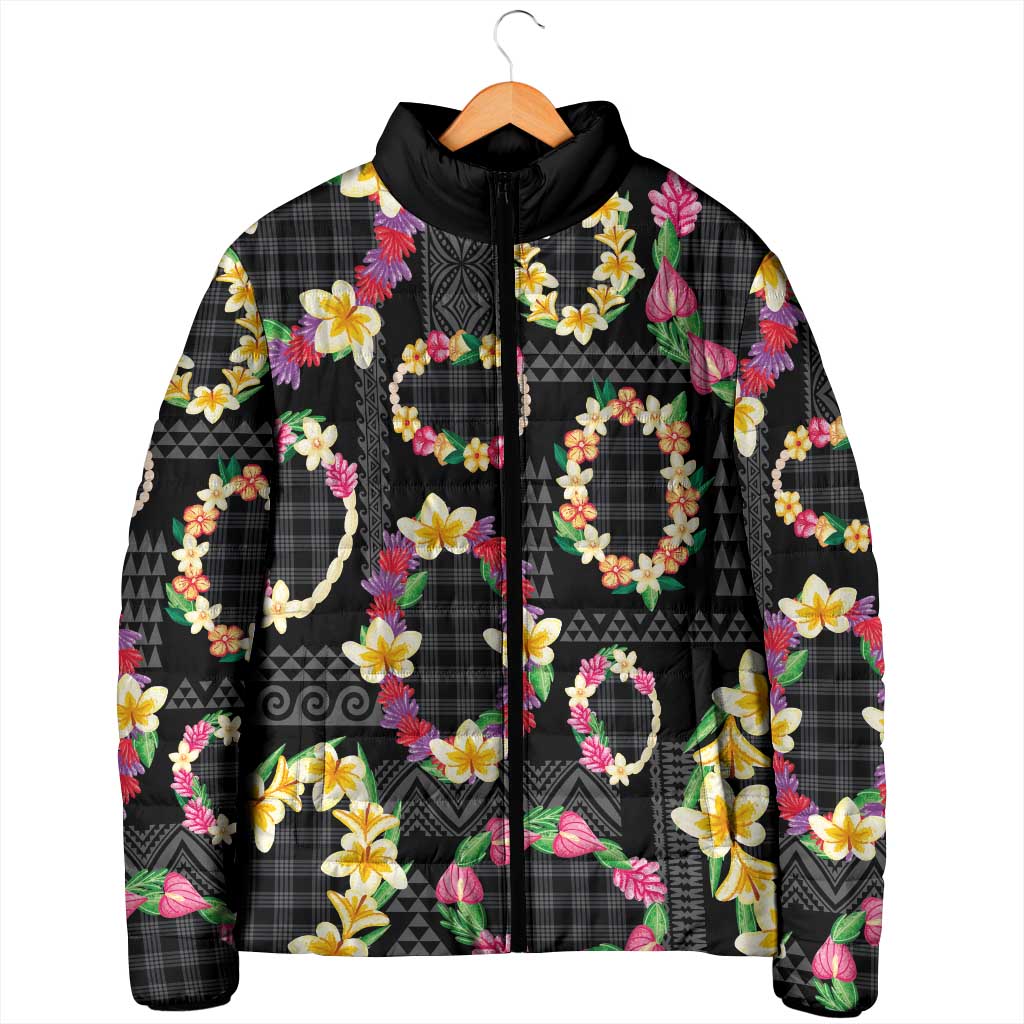 Hawaiian Kakau Tattoo Leis and Palaka Pattern Padded Jacket Traditional Aloha Tribal Black Color