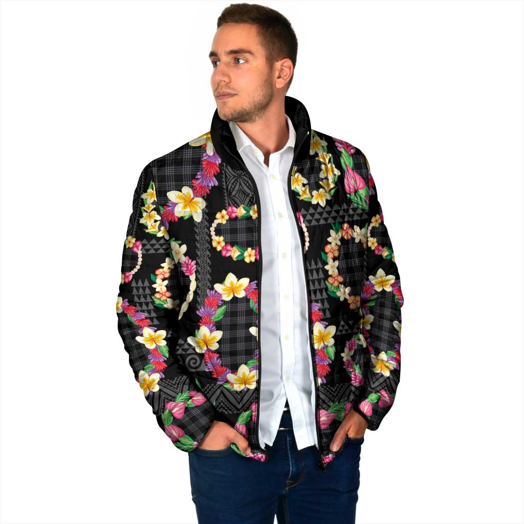 Hawaiian Kakau Tattoo Leis and Palaka Pattern Padded Jacket Traditional Aloha Tribal Black Color