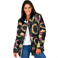 Hawaiian Kakau Tattoo Leis and Palaka Pattern Padded Jacket Traditional Aloha Tribal Black Color