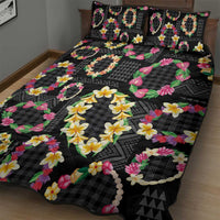 Hawaiian Kakau Tattoo Leis and Palaka Pattern Quilt Bed Set Traditional Aloha Tribal Black Color