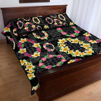 Hawaiian Kakau Tattoo Leis and Palaka Pattern Quilt Bed Set Traditional Aloha Tribal Black Color