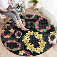 Hawaiian Kakau Tattoo Leis and Palaka Pattern Round Carpet Traditional Aloha Tribal Black Color