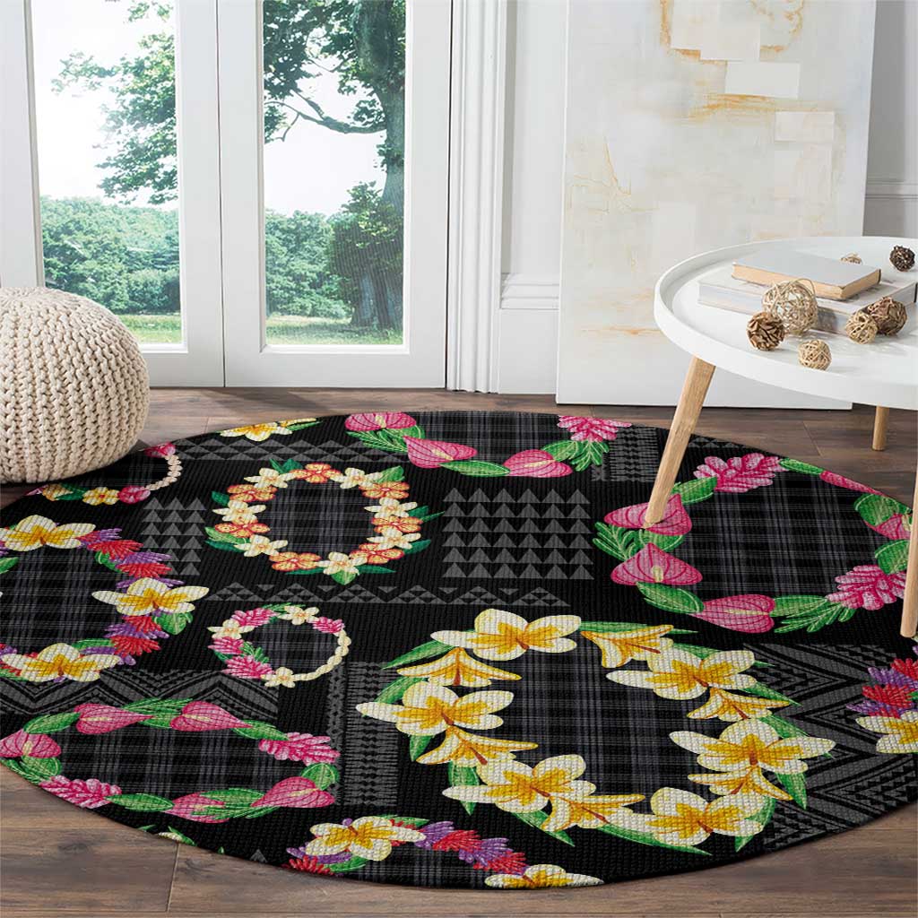 Hawaiian Kakau Tattoo Leis and Palaka Pattern Round Carpet Traditional Aloha Tribal Black Color
