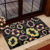 Hawaiian Kakau Tattoo Leis and Palaka Pattern Rubber Doormat Traditional Aloha Tribal Black Color