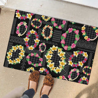 Hawaiian Kakau Tattoo Leis and Palaka Pattern Rubber Doormat Traditional Aloha Tribal Black Color