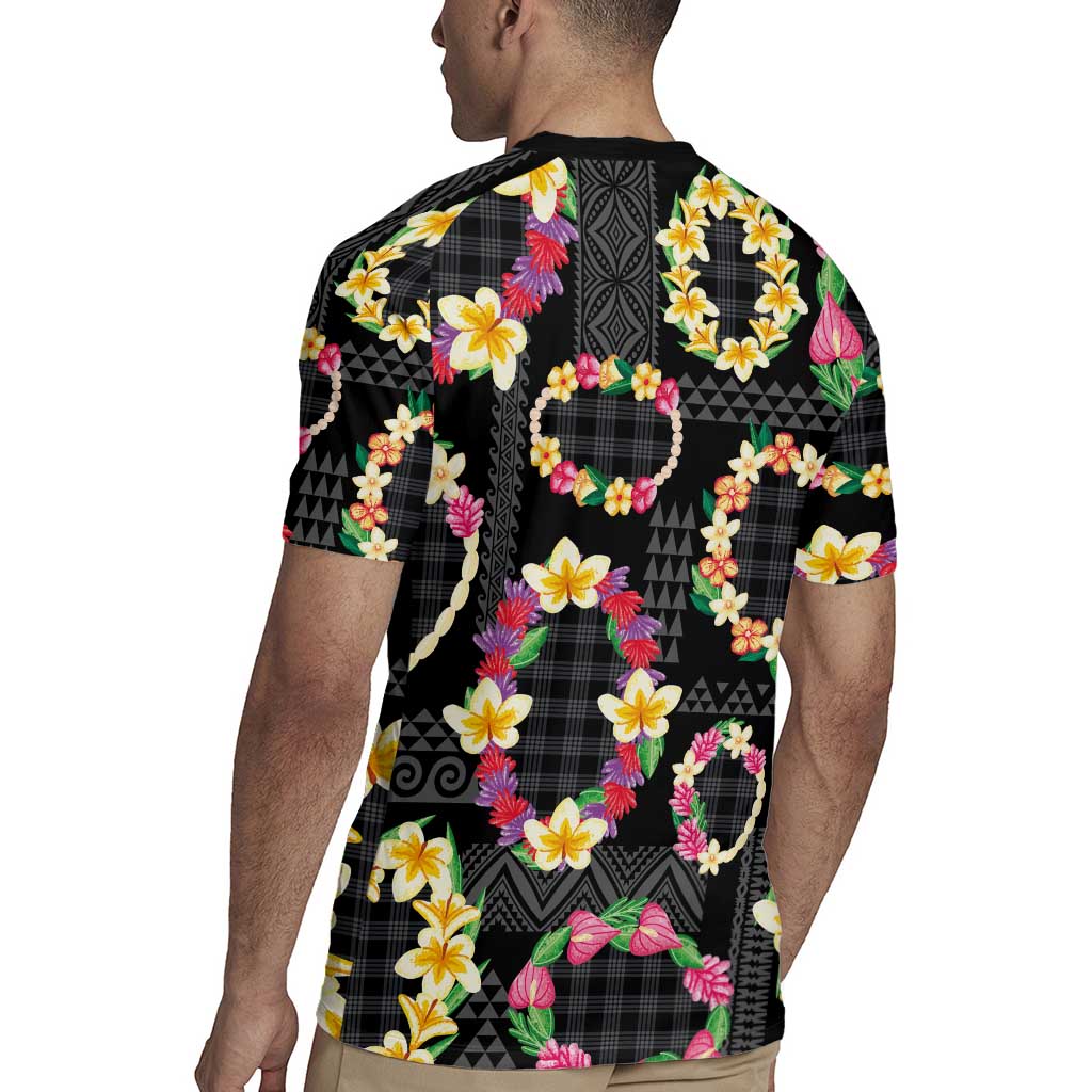 Hawaiian Kakau Tattoo Leis and Palaka Pattern Rugby Jersey Traditional Aloha Tribal Black Color