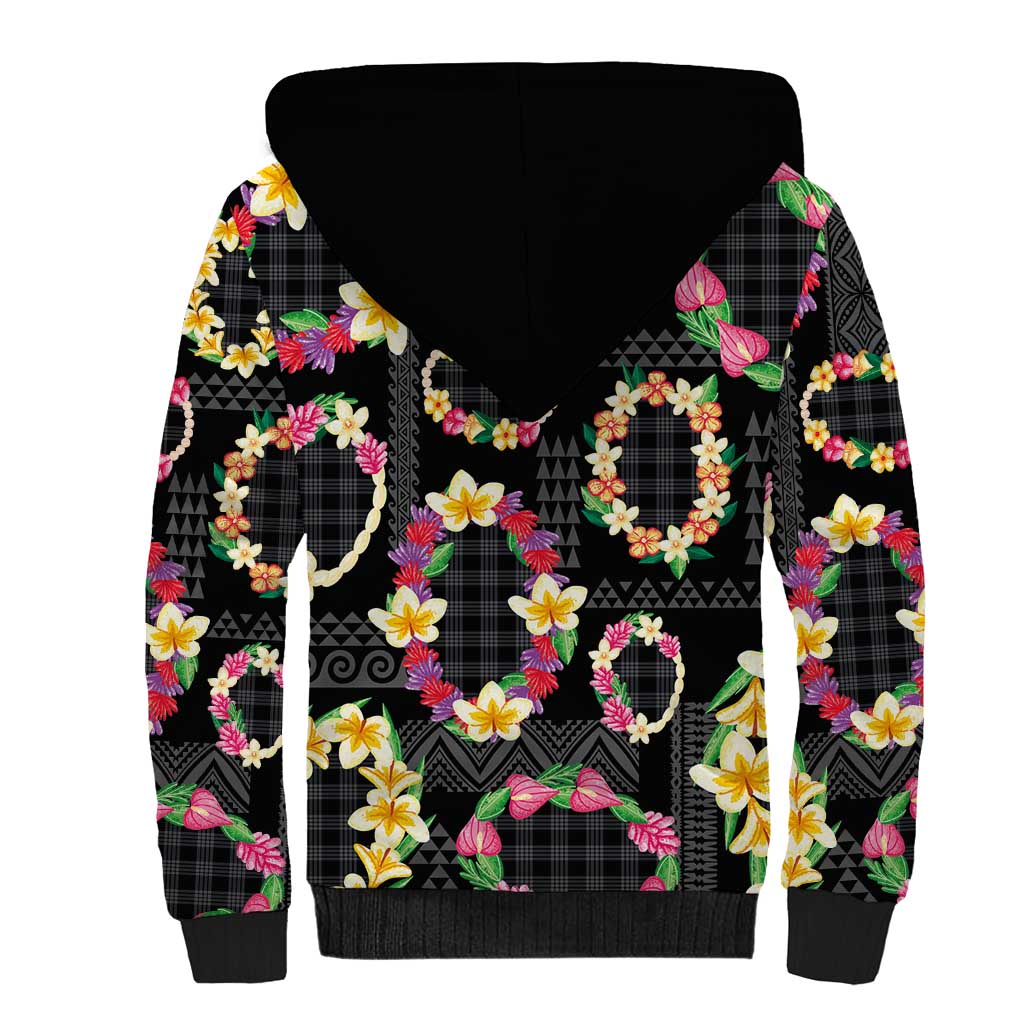 Hawaiian Kakau Tattoo Leis and Palaka Pattern Sherpa Hoodie Traditional Aloha Tribal Black Color