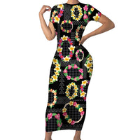 Hawaiian Kakau Tattoo Leis and Palaka Pattern Short Sleeve Bodycon Dress Traditional Aloha Tribal Black Color