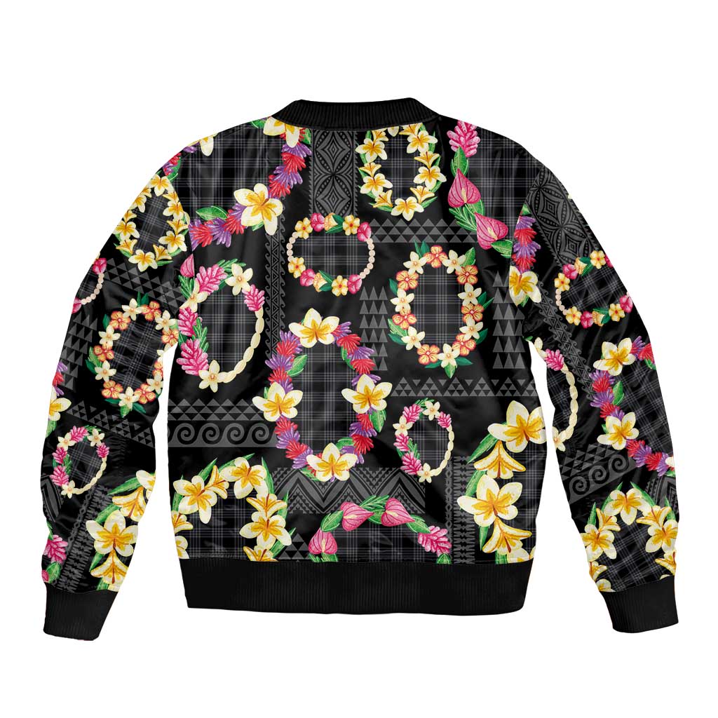 Hawaiian Kakau Tattoo Leis and Palaka Pattern Sleeve Zip Bomber Jacket Traditional Aloha Tribal Black Color