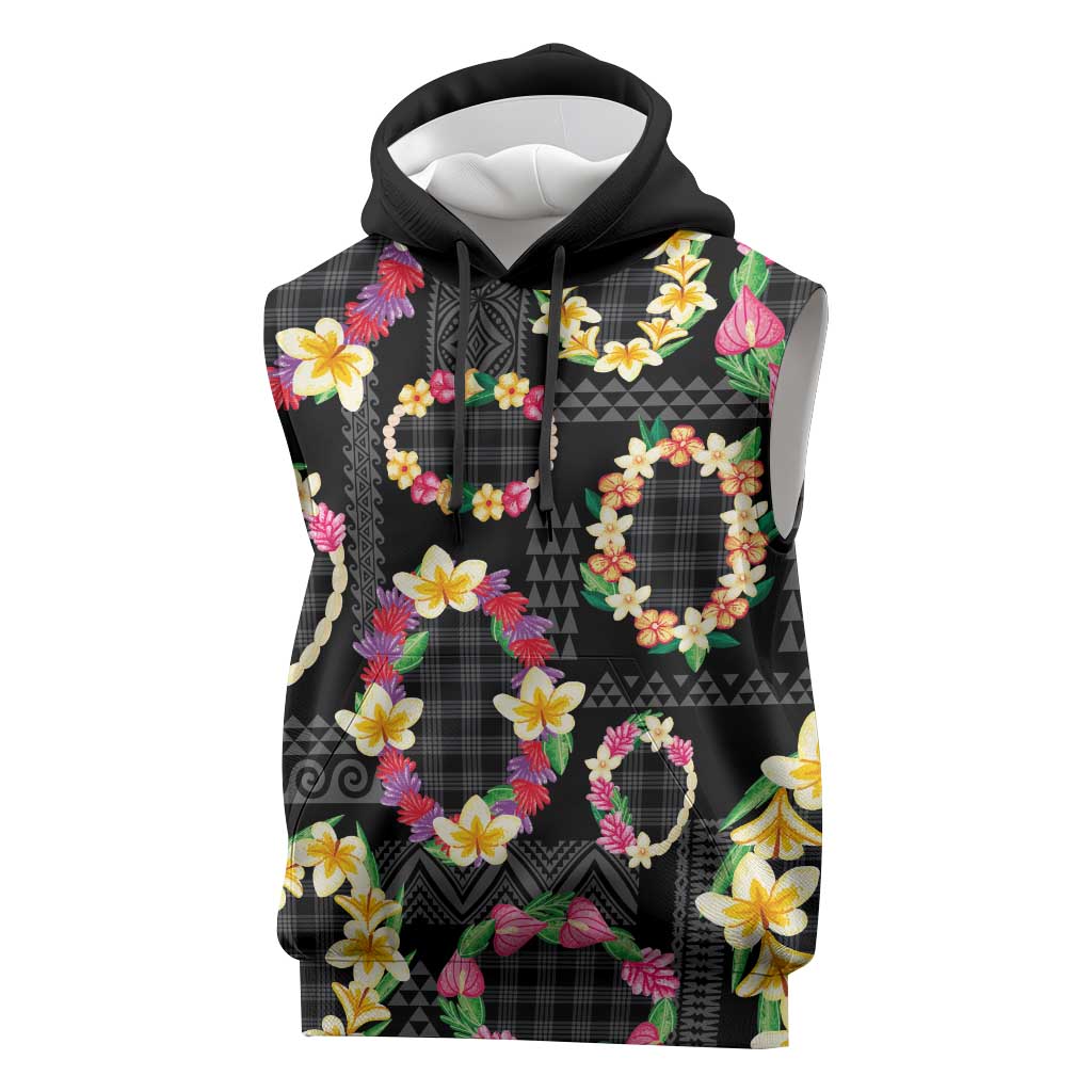 Hawaiian Kakau Tattoo Leis and Palaka Pattern Sleeveless Hoodie Traditional Aloha Tribal Black Color