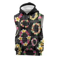 Hawaiian Kakau Tattoo Leis and Palaka Pattern Sleeveless Hoodie Traditional Aloha Tribal Black Color