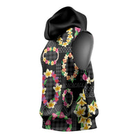 Hawaiian Kakau Tattoo Leis and Palaka Pattern Sleeveless Hoodie Traditional Aloha Tribal Black Color