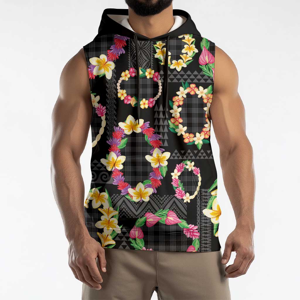Hawaiian Kakau Tattoo Leis and Palaka Pattern Sleeveless Hoodie Traditional Aloha Tribal Black Color