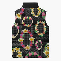 Hawaiian Kakau Tattoo Leis and Palaka Pattern Sleeveless Puffer Jacket Traditional Aloha Tribal Black Color