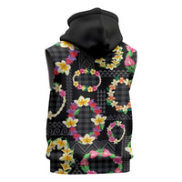 Hawaiian Kakau Tattoo Leis and Palaka Pattern Sleeveless Zip Hoodie Traditional Aloha Tribal Black Color